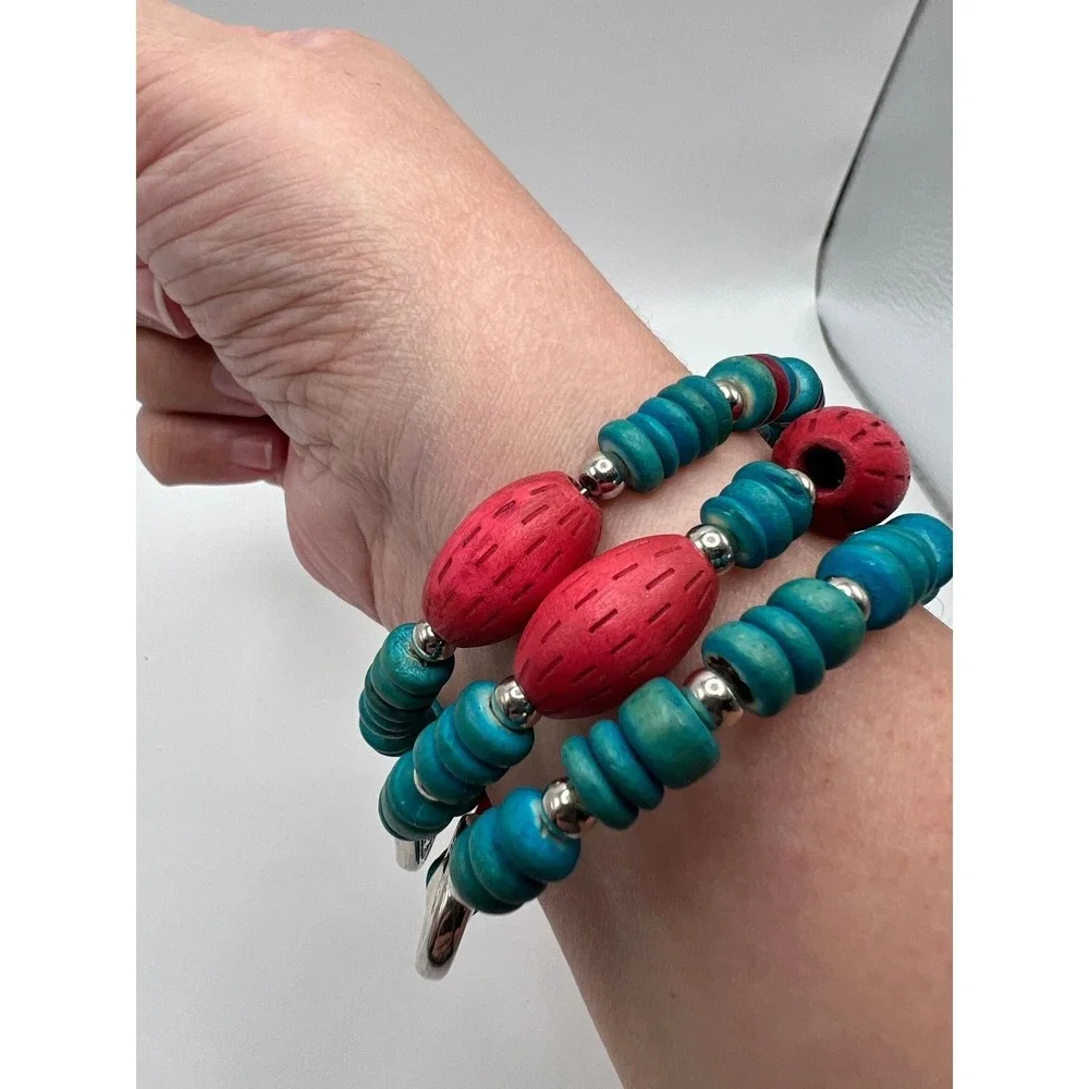 Chico's Wood Bead Wrap Bracelet Boho Coastal‎ Southwest Turquoise Red Wood OS